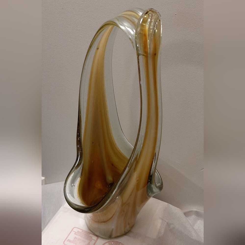 Vintage 15" Stretch Art Glass Basket Vase Browns Swirls Hand Blown Glass
